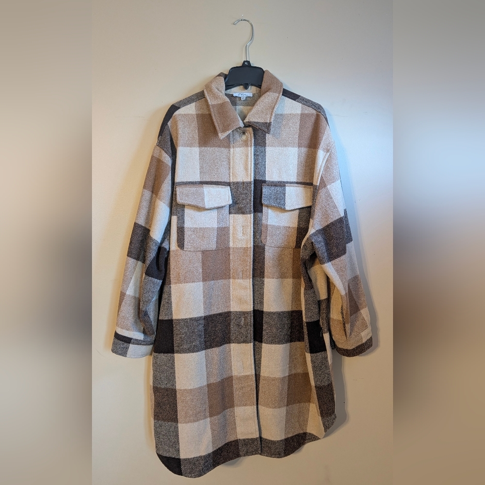 Polagram Checkered Utility Jacket in Brown and Cream